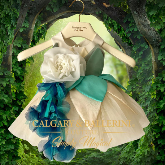 Shop Tiana 1st Birthday Princess Dress – Luxury Mint Green Gown with Handmade Lily Pad Flowers for Milestone Photography, Calgary and Ballerini.