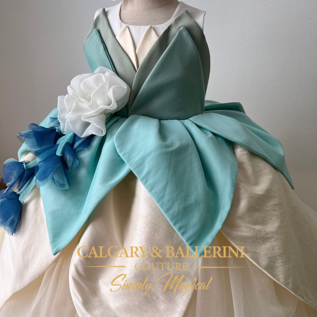 Best Tiana Inspired Lily Pad Flower Milestone Gown – Luxury 2026 First Birthday Princess Dress for Professional Portraits, Calgary and Ballerini.