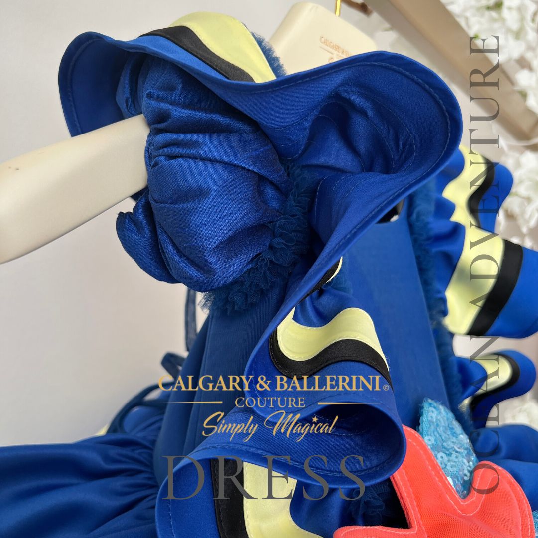 side view blue cap sleeve and blue and yellow bodice side ruffles 