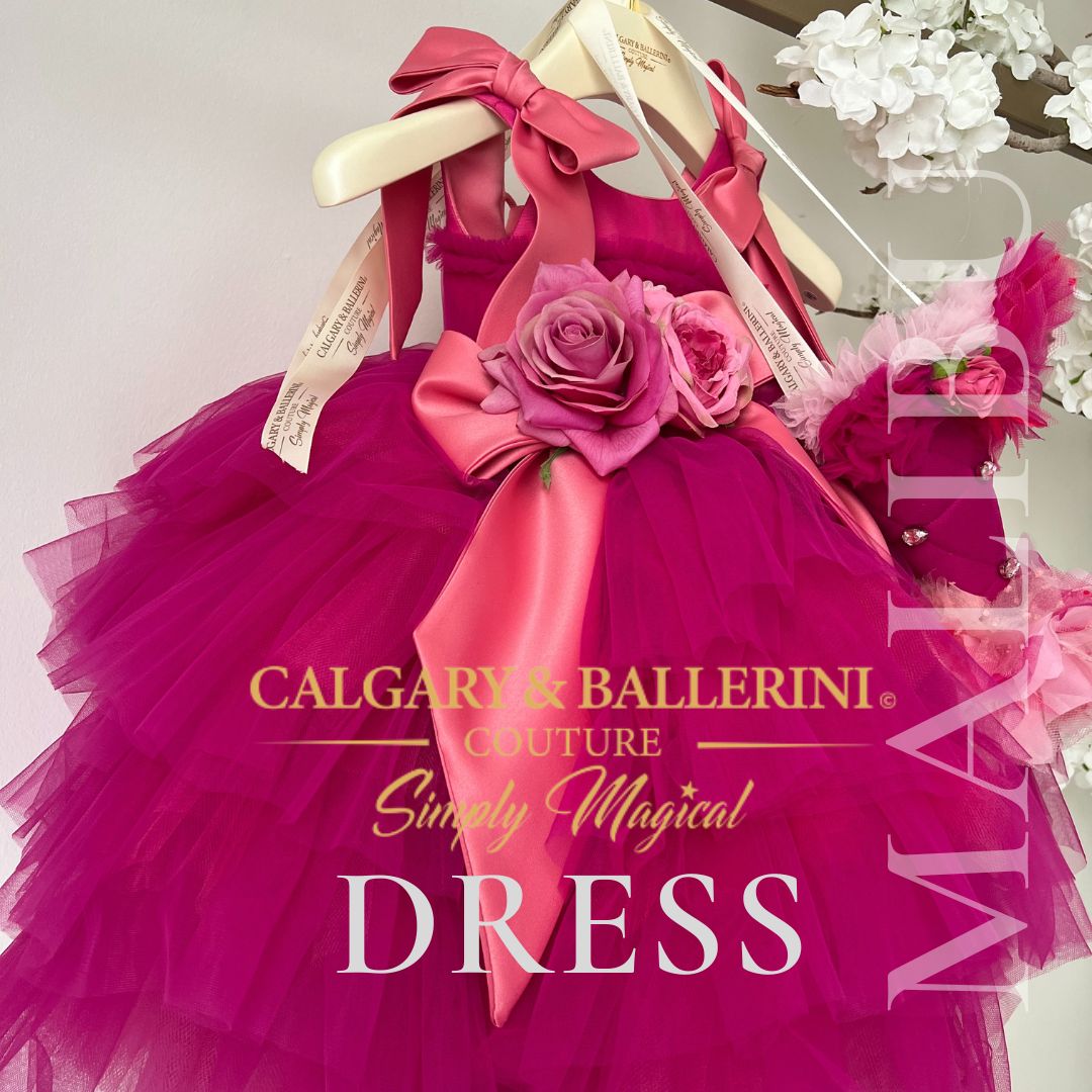 Order High-Fashion Pink Tulle Couture Birthday Dress – Artisan Handmade Hot Pink Gown with Puffy Sleeves and Voluminous Tulle Skirt, Calgary and Ballerini.