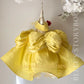 Bespoke Yellow Princess Gown – Back View showing Adjustable Luxury Corset and Large Satin Bow for Royal Portrait Sessions, Calgary and Ballerini.