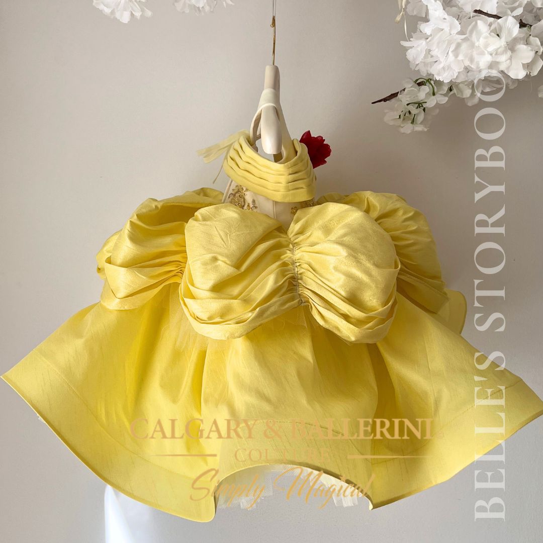 Bespoke Yellow Princess Gown – Back View showing Adjustable Luxury Corset and Large Satin Bow for Royal Portrait Sessions, Calgary and Ballerini.