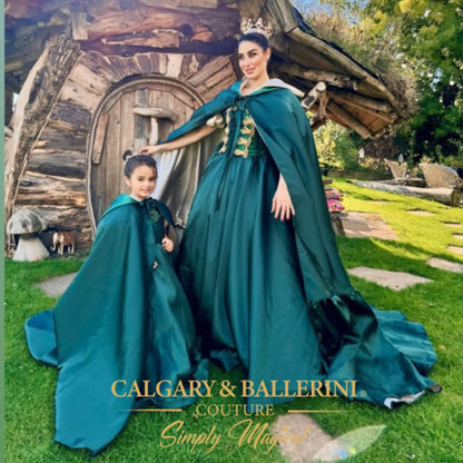 Where to buy the most expensive Emerald Celtic bespoke mommy and me matching style gala gowns 2026. Shop Adult Emerald Green Princess Cape – Luxury Floor-Length Celtic Velvet Cape for Fairytale Photography and Winter Galas, Calgary and Ballerini.
