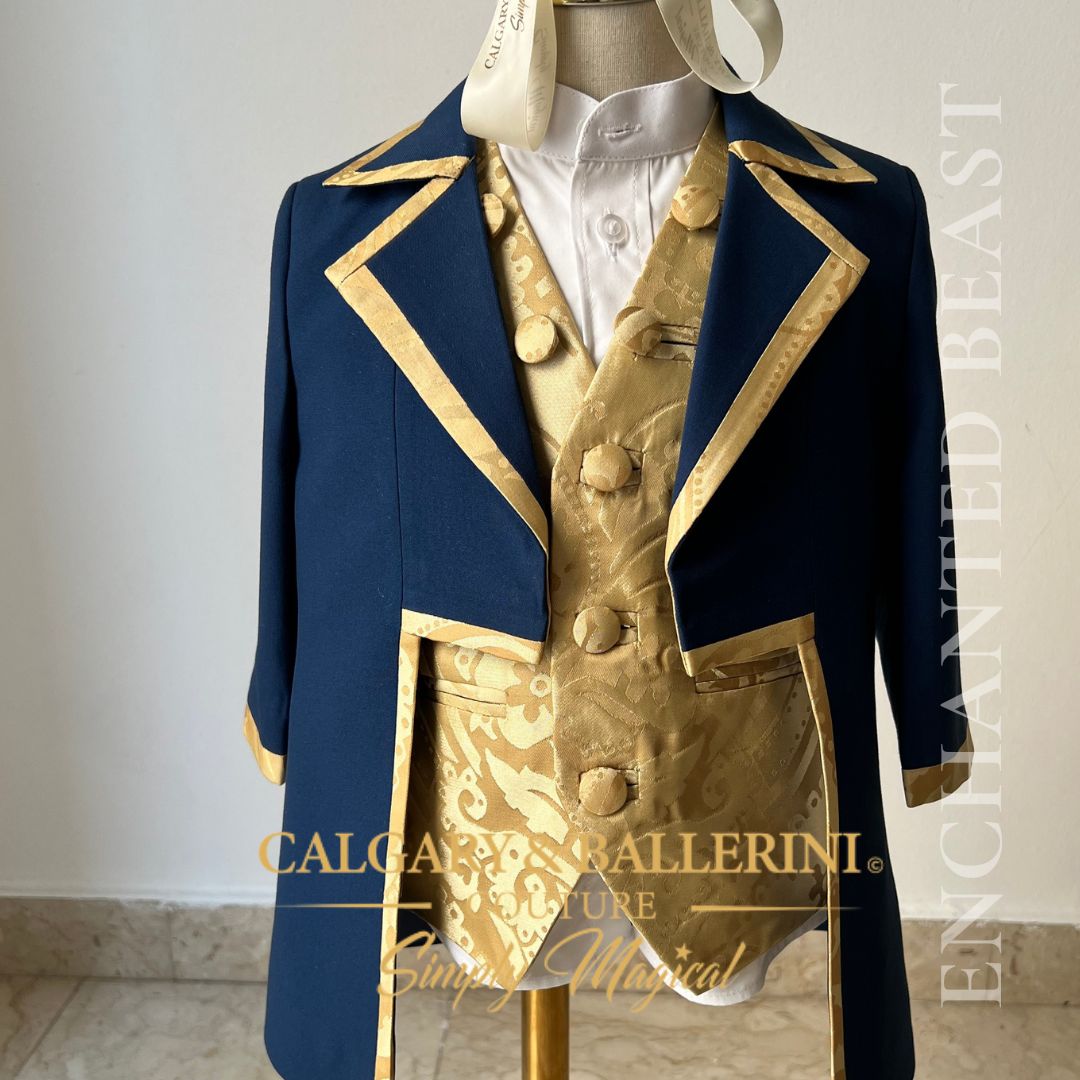 where to order bespoke beauty and the beast boys royal suits for birthday. order Handmade boys Beast Prince 1st birthday outfit, luxury royal blue velvet jacket with gold metallic detailing and lace cuffs, heirloom milestone portrait suit.  Calgary and Ballerini Trusted by Moms in 85 countries with 1,500+ reviews. 21 years of excellence. 