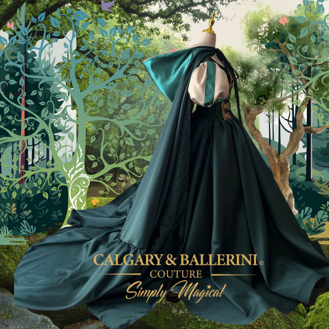 where-to-order-bespoke-emerald-celtic-milestone-portrait-gowns-for-mother-and-daughter Order Bespoke Celtic Luxury Ball Gown – Back View featuring Adjustable Corset and Dramatic Emerald Green Train for Women, Calgary and Ballerini.