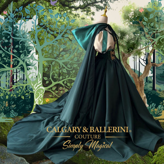 where-to-order-bespoke-emerald-celtic-milestone-portrait-gowns-for-mother-and-daughter Order Bespoke Celtic Luxury Ball Gown – Back View featuring Adjustable Corset and Dramatic Emerald Green Train for Women, Calgary and Ballerini.