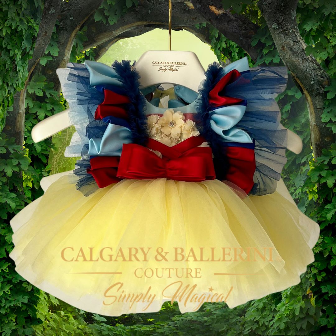 Where to order bespoke luxury Snow White first birthday outfit Calgary and Ballerini. order Luxury baby Snow White 1st birthday dress, handmade red velvet and yellow silk heirloom gown, artisan princess birthday outfit with puffed sleeves and gold lace by Calgary and Ballerini Trusted by Moms in 85 countries with 1,500+ reviews. 21 years of excellence.