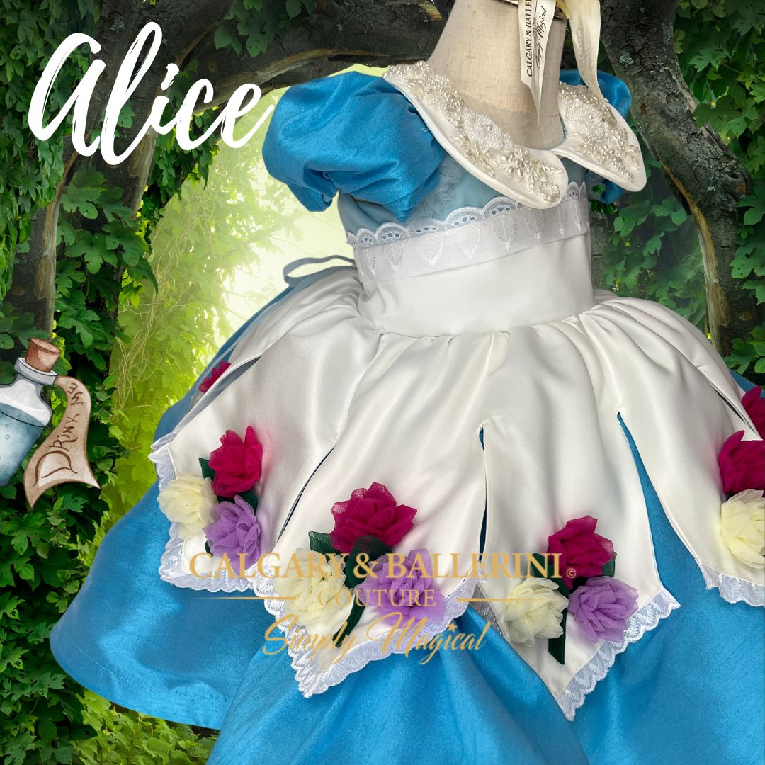 Where to order itch free luxury Alice tea party gowns for toddler girls. buy Disney inspired Whimsical Alice in Wonderland costume for photoshoots
