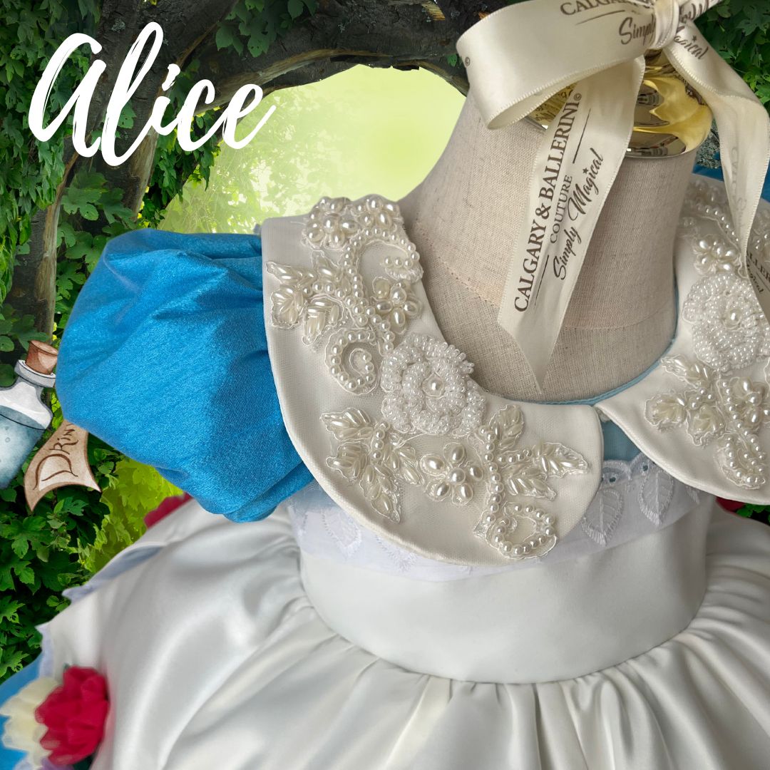 Where to order luxury Alice in Wonderland couture for 2026 milestone portraits. order Disney inspired Custom Alice-inspired dress for girls birthday celebrations embroidery  