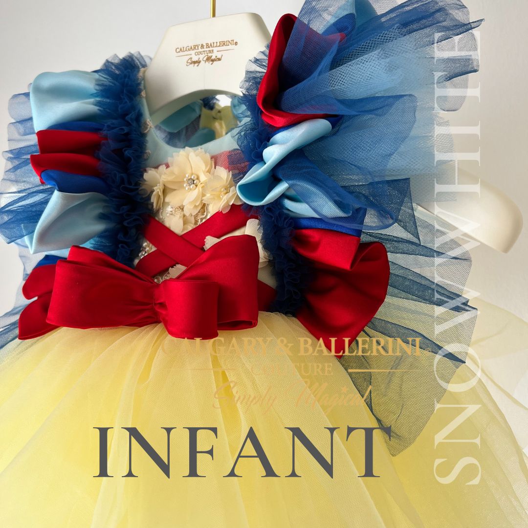 where to order Luxury Snow White baby dress for 2026 royal storybook editorial portraits. order luxury Snow White baby dress for 2026 royal storybook editorial portraits. shop Infant birthday party Snow White milestone portrait dress, luxury handmade primary blue and yellow couture gown for baby girls, designer fairytale photoshoot outfit with 3D floral accents by Calgary and Ballerini Trusted by Moms in 85 countries with 1,500+ reviews. 21 years of excellence.