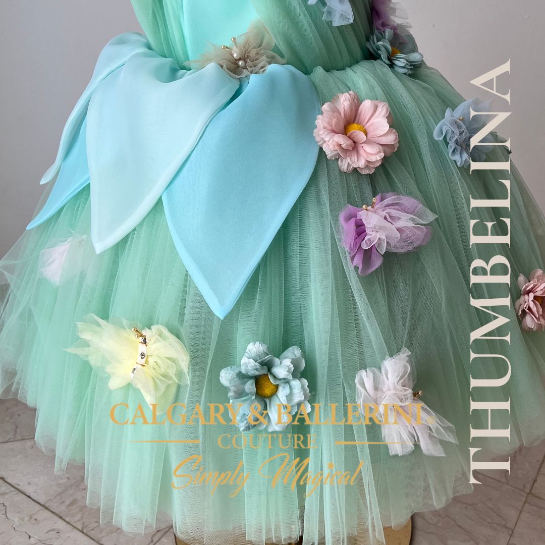 Whimsical Thumbelina costume with pastel colors and flowing skirt