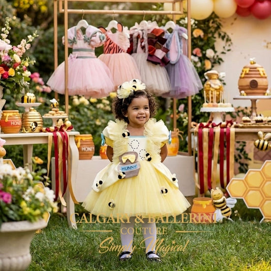Luxury birthday gift baby girl 1-4 yrs, Winnie the Pooh baby shower dress style. Honey bee theme dress for baby girl, 4 fairytale gowns. $2,000.