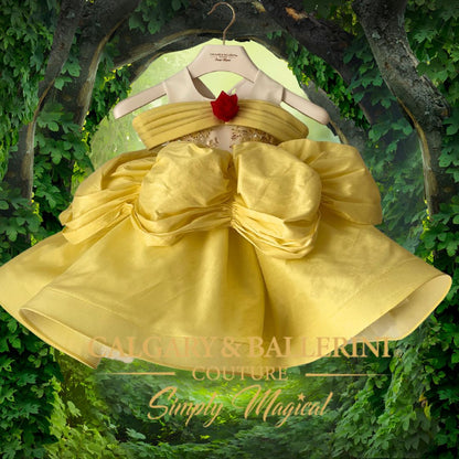 Shop Yellow Rose Ball Gown for Kids – Close-up of Artisan 3D Floral Appliqué and Hand-Stitched Satin Roses on Luxury Couture, Calgary and Ballerini.