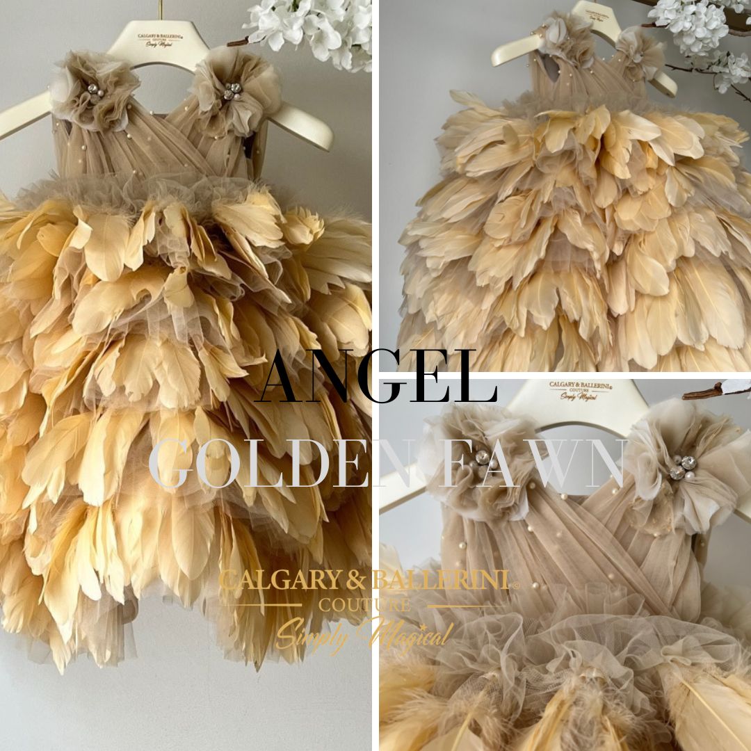 Angel gown floor length feather dress in color golden fawn