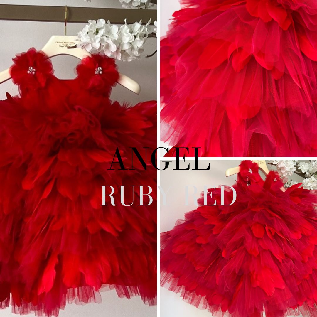 Angel gown floor length feather dress in color ruby red