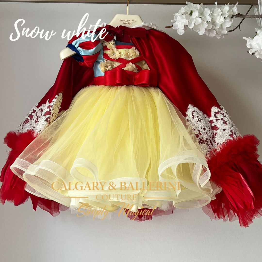 Buy Disney inspired kids red carpet Heirloom quality Calgary and Ballerini cottage core Snow White princess dress for high-end children’s holiday photography.