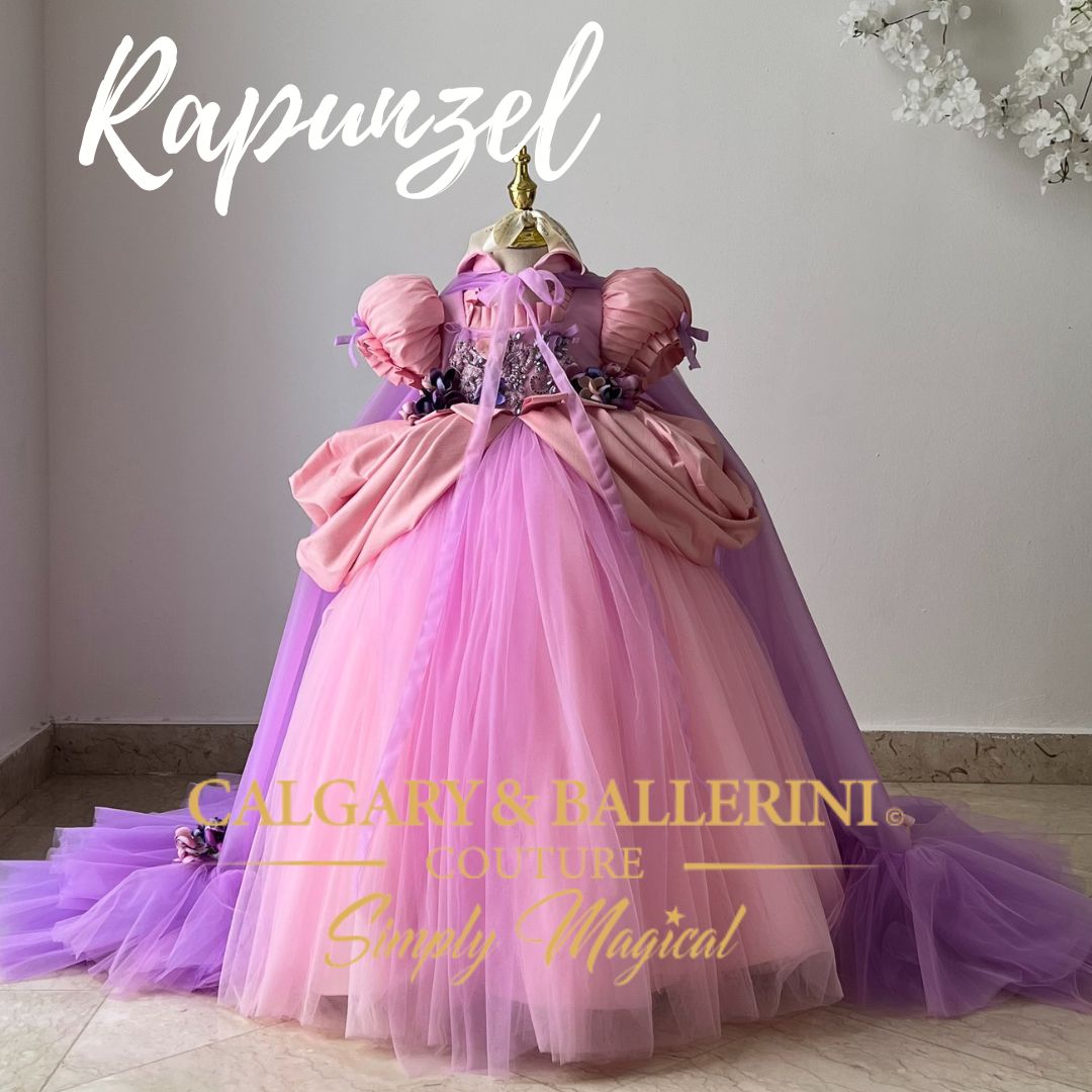 Disney Princess Rapunzel Inspired Girls' Costume with Floral Details and Tulle Train