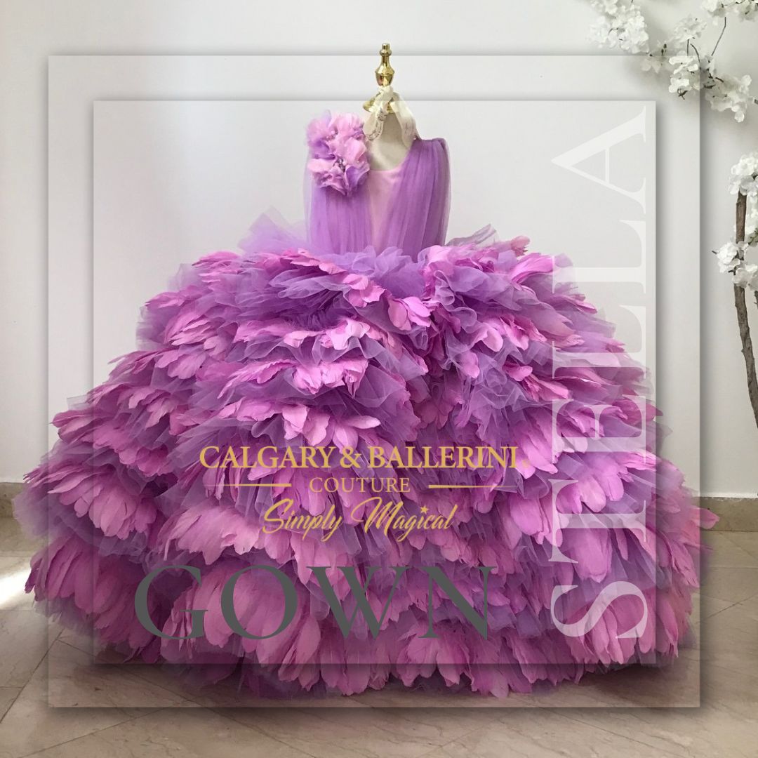 purple feather dress on mannequin 