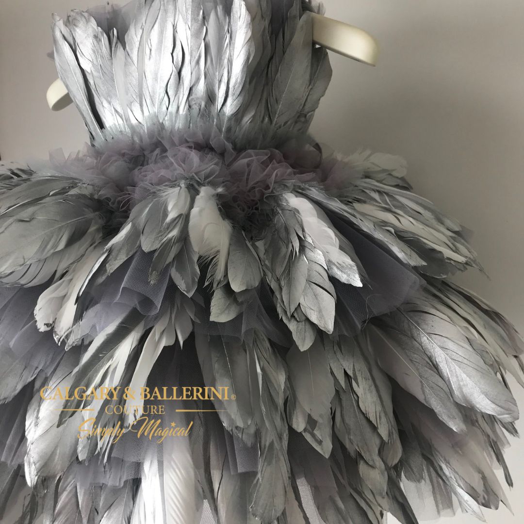 This gorgeous silver feather dress with silver rhinestone accents is perfect for any special occasion including holidays, flower girl dresses, or even bridal wear.