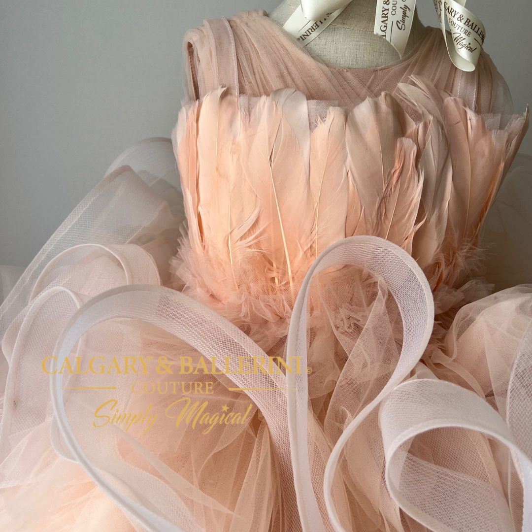 Custom-made with care and crafted from peach blush tulle, this floor length ballgown has a peach motif on the bodice for a special touch. The perfect birthday gown for your 10th birthday princess 