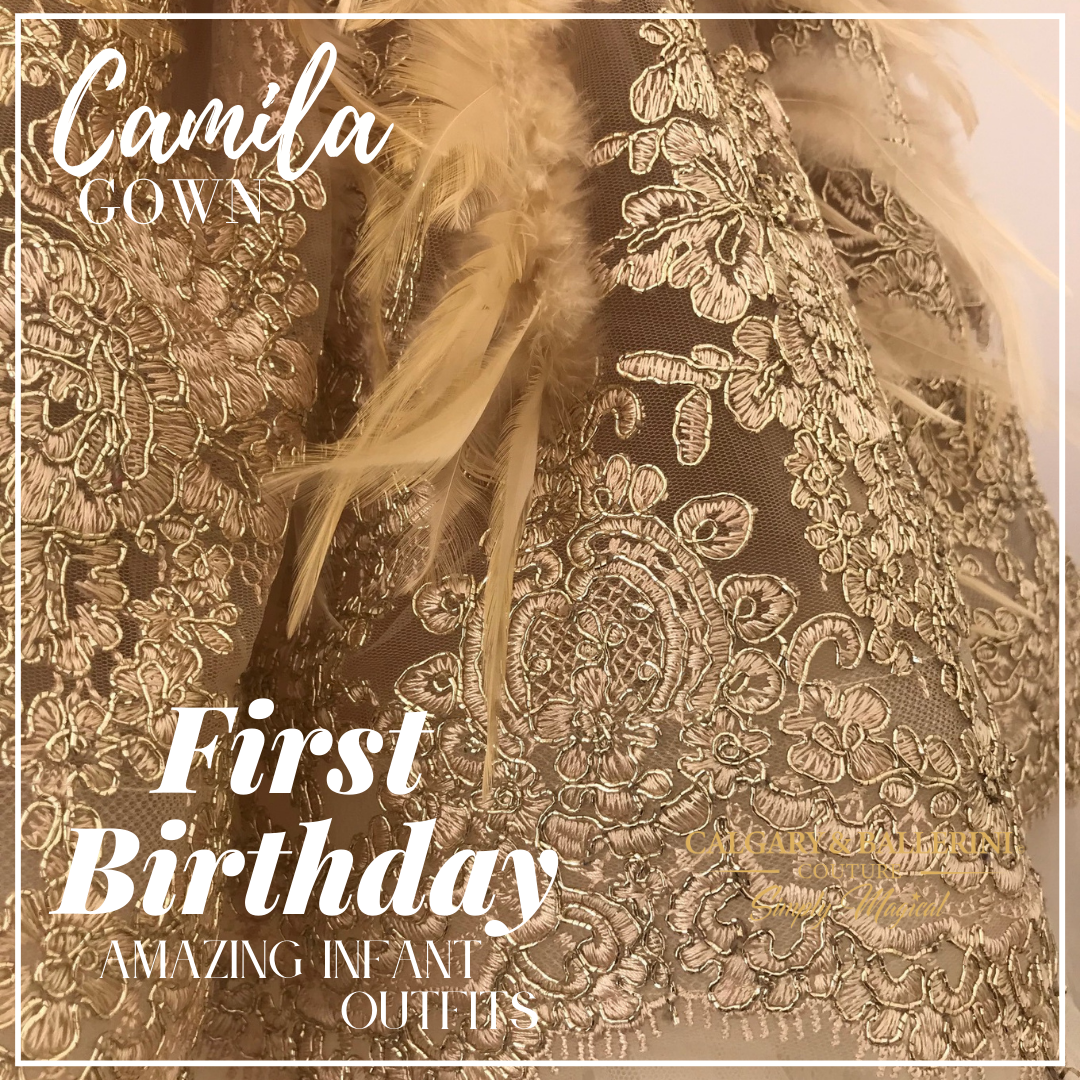 Crafted out of golden-fawn tulle, gold lace details and a divine goos feather trim, this gorgeous gown is perfect for turning any occasion into a royal event.