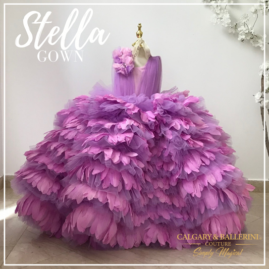 Custom pageant gown with feathers and rhinestones