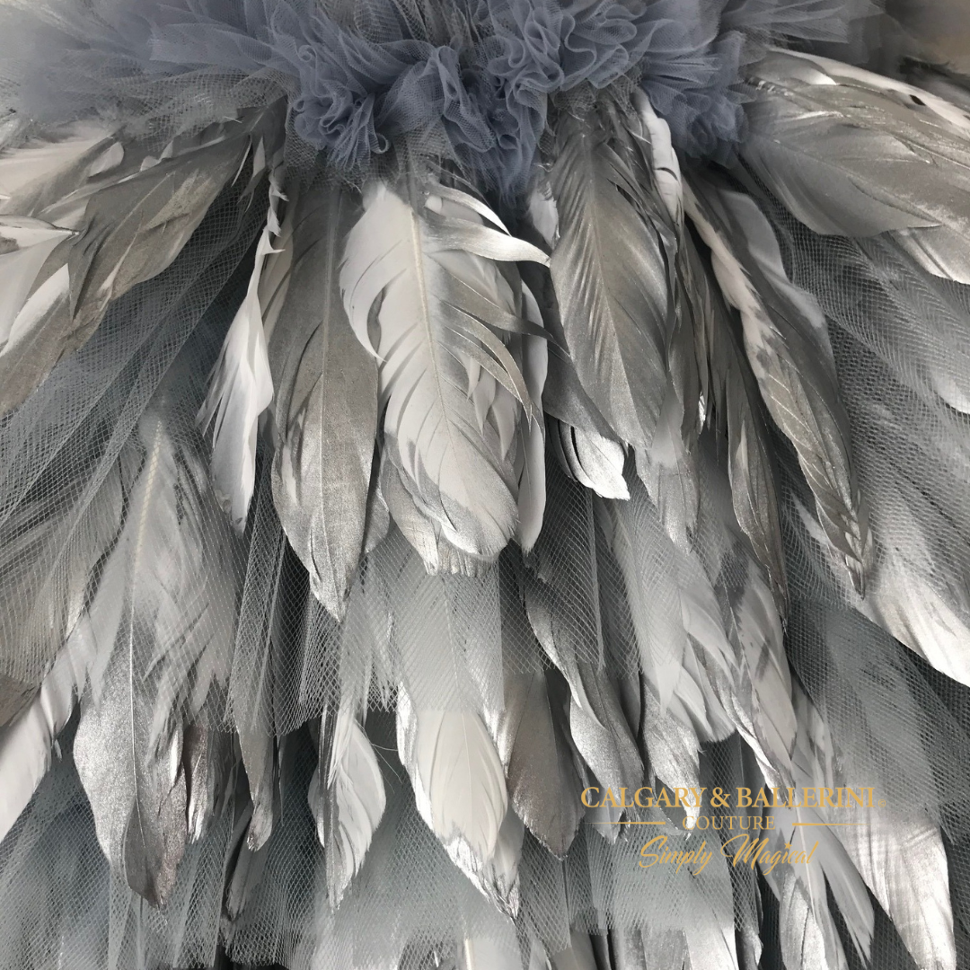 Customizable silver feather dress for teens and adults, perfect for weddings and formal events