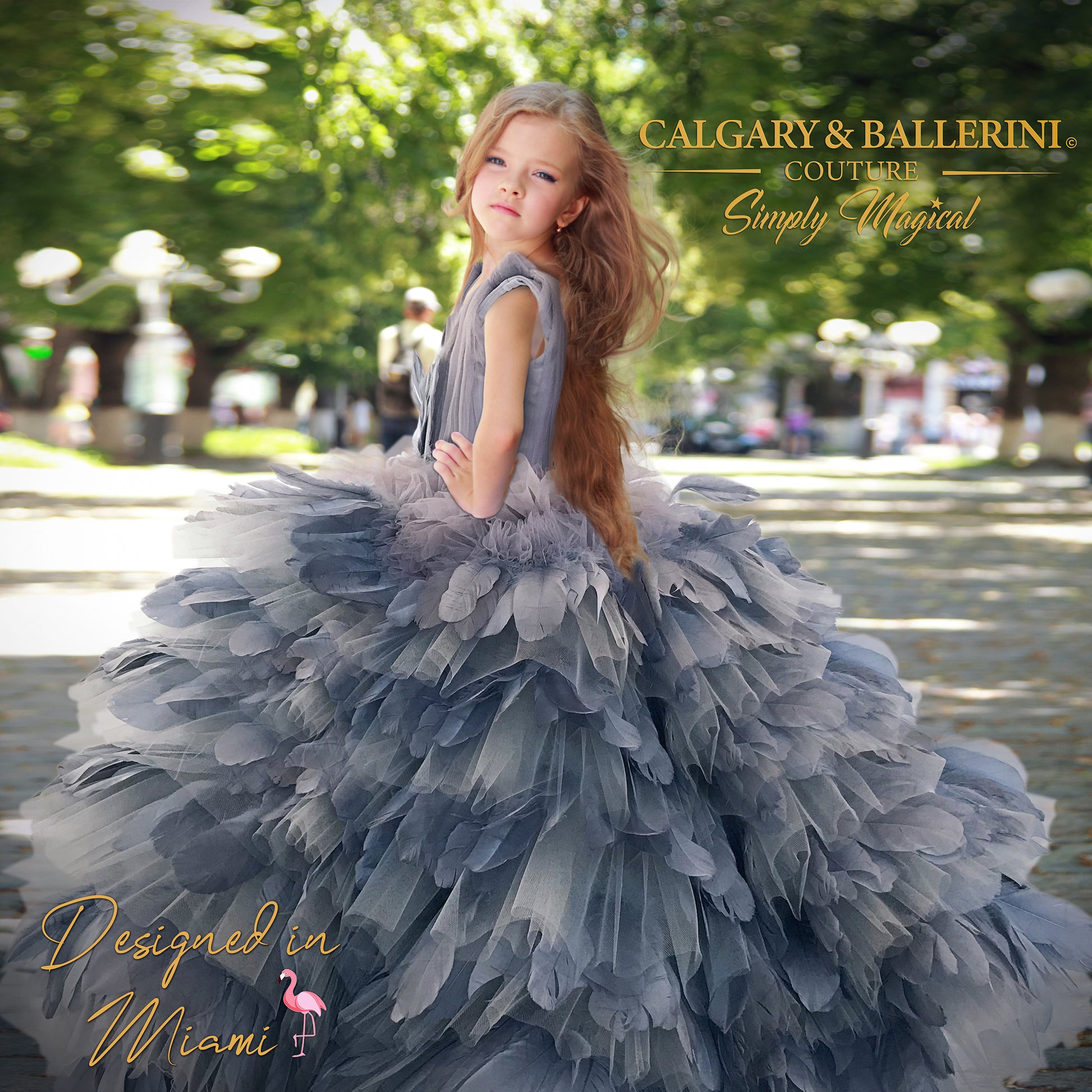 Capture the essence of elegance with our breathtaking Platinum Blue feather dress. This couture children's gown is adorned with delicate goose feathers, creating a stunning floor-length silhouette that will leave you in awe.