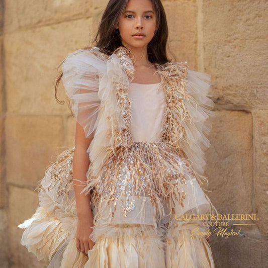 sequin feather dress on tween model 