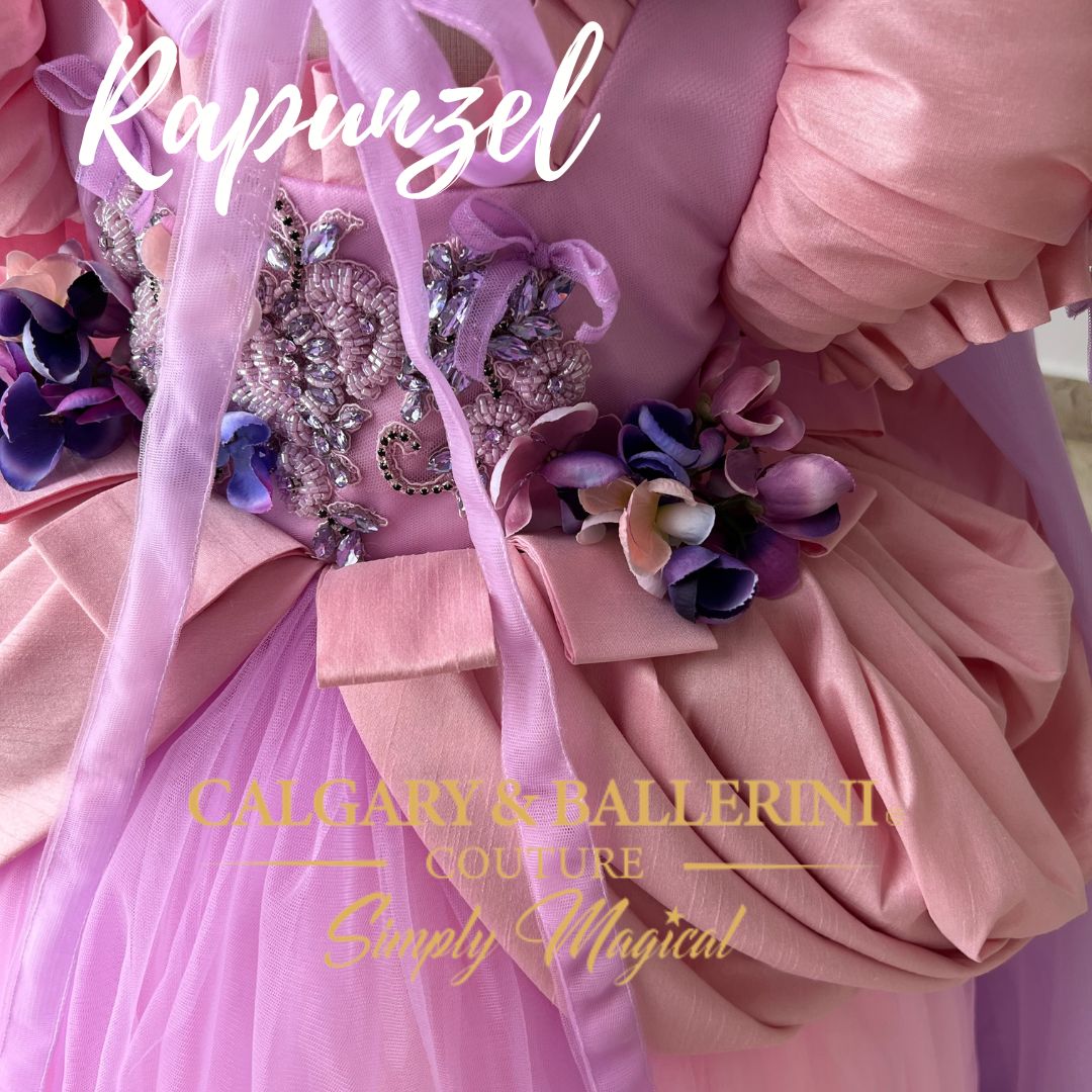 Fairytale-inspired Rapunzel dress with satin lacing and rhinestones