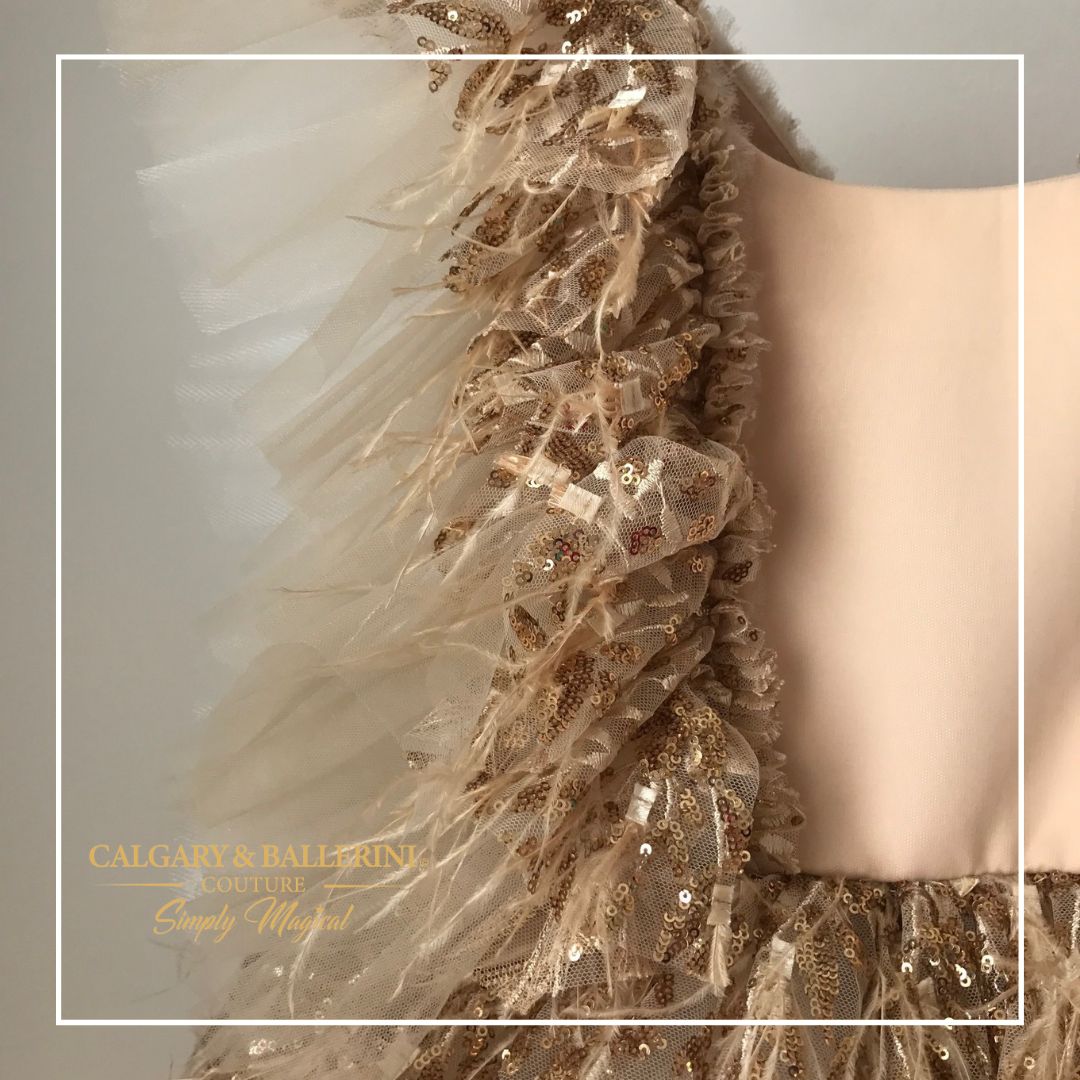 close up bodice with gold sequin ruffle