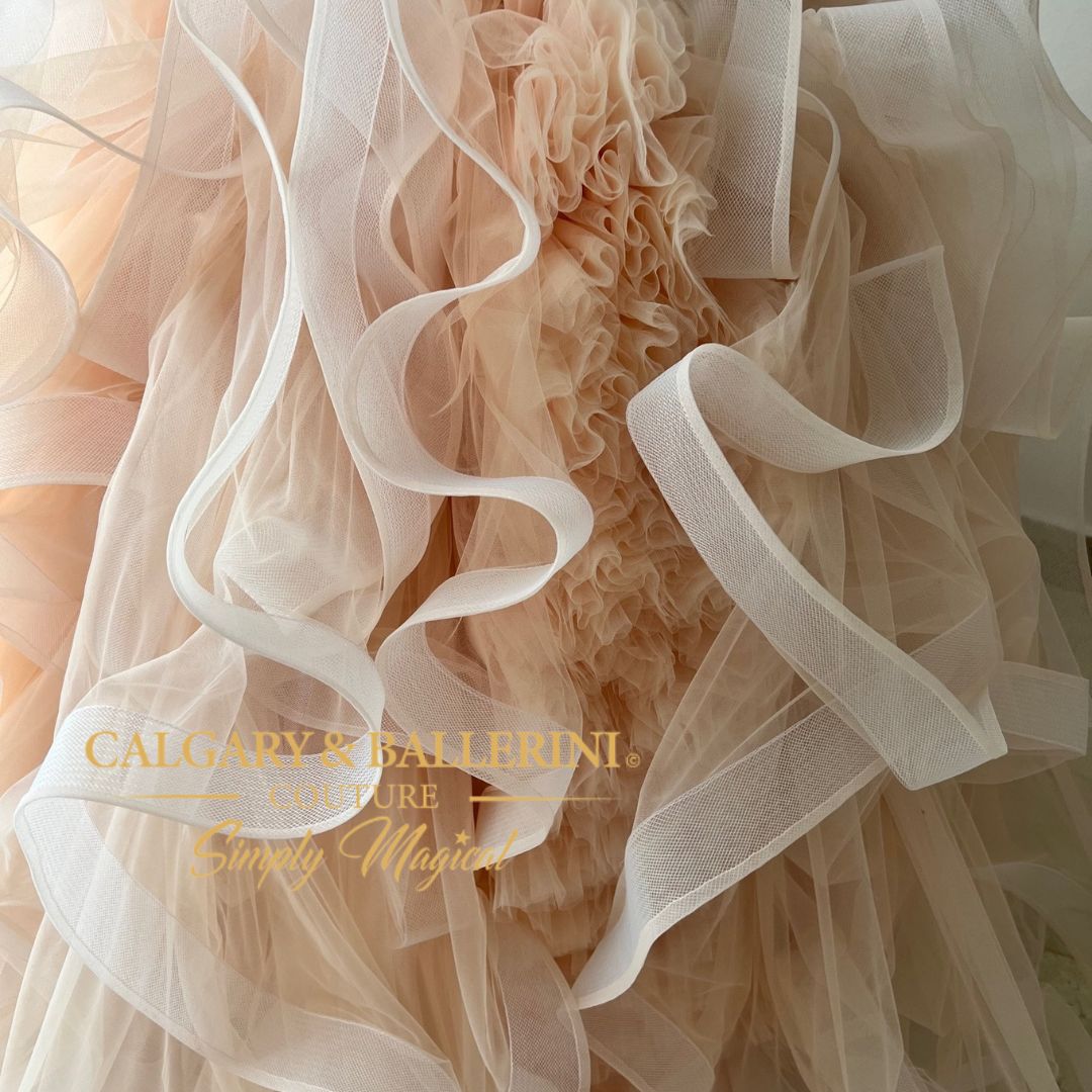 Handcrafted pageant ball gown with flowing skirt and lace