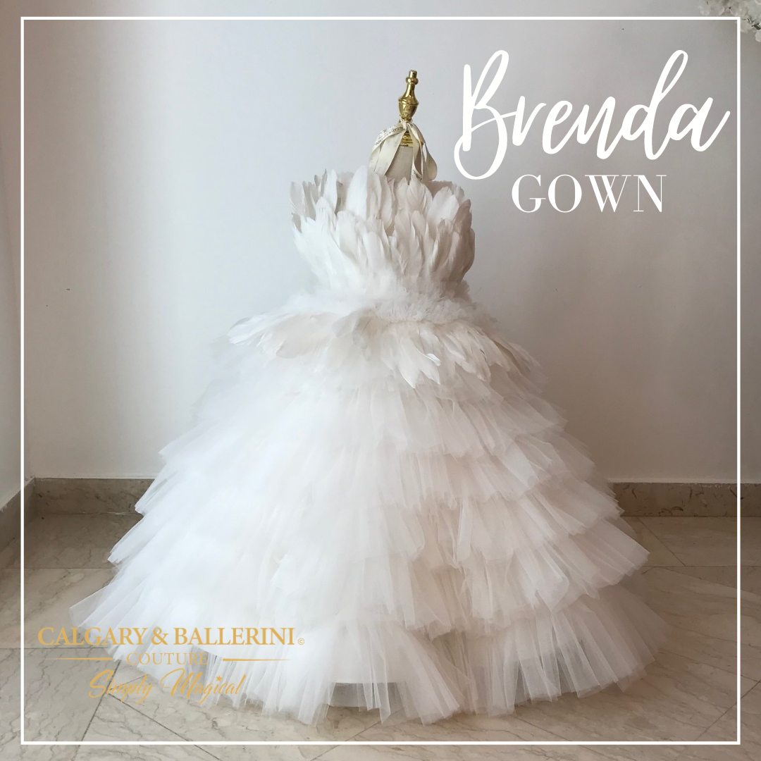 Shop Designer Girls Debutante White Ball Gown with Feathers 14