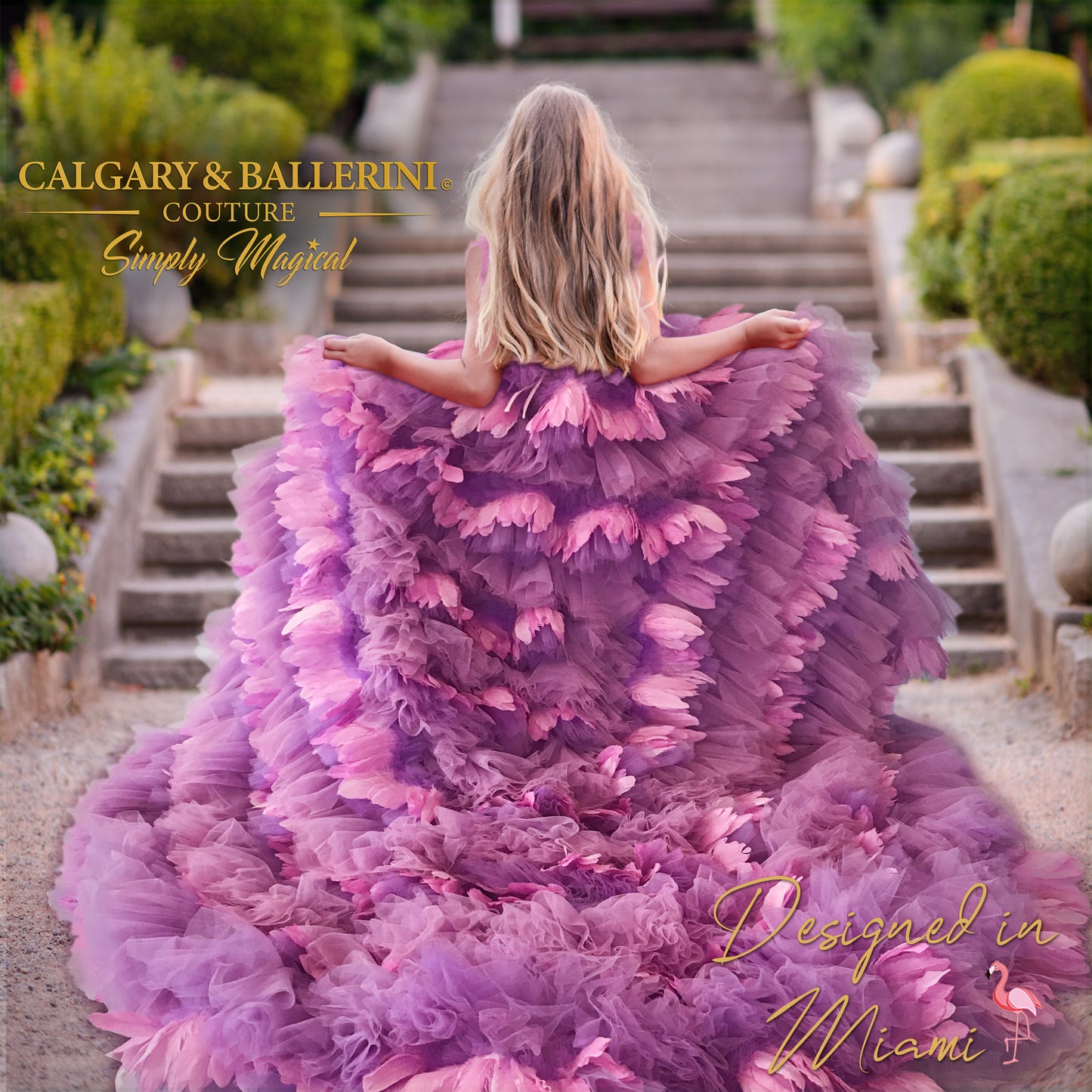 Designer purple goose and ostrich feather gown for children, Calgary and Ballerini luxury handmade couture, boutique violet ostrich feather dress for luxury events