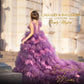 back view purple ruffles on Feather Prom Dress