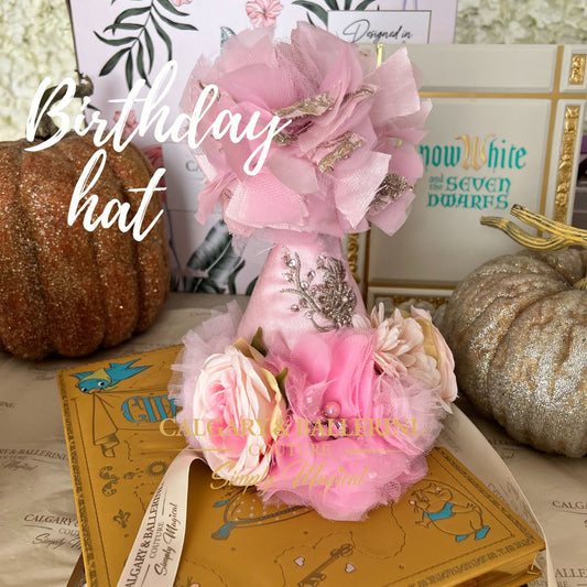 Shop Luxury tea party Birthday Hat pink High-End Heirloom Party Accessory for Professional Milestone Photography, Calgary and Ballerini.