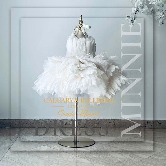 Minnie dress, is knee length feather dress in color Snow White