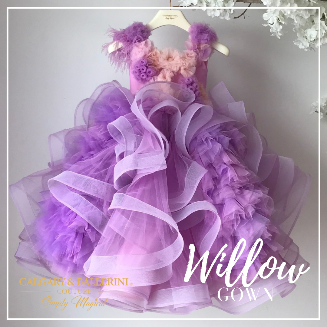 Purple luxury flower girl dress with ruffled cape for weddings and parties