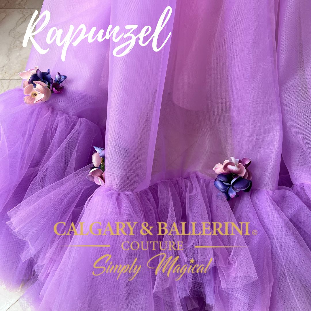 Disney Tangled Rapunzel cape close up purple tulle with floral details on hemline   