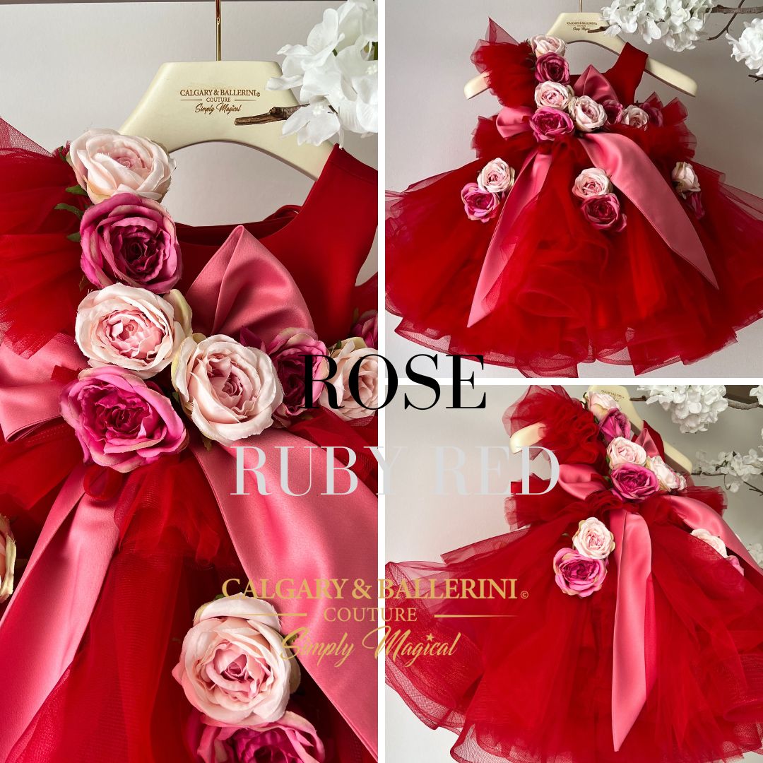 red Valentine’s Day ball gown for baby girl with floral details