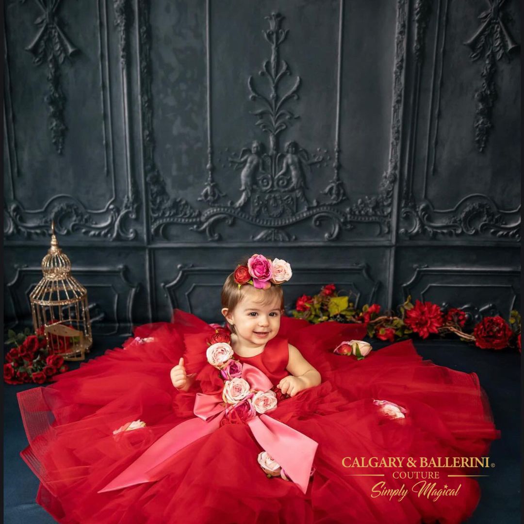 valentine gown toddler posing on ground