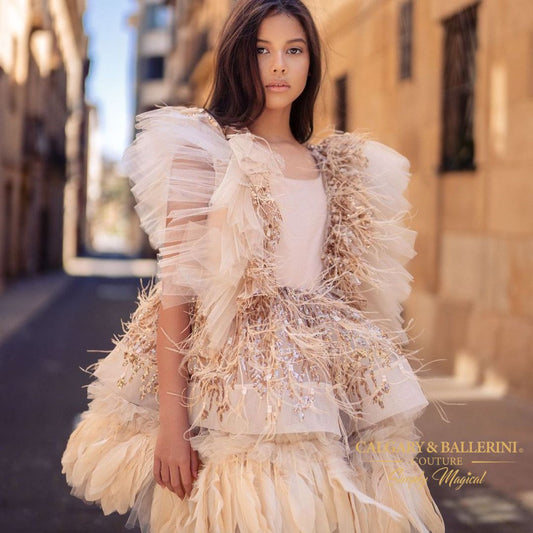 tween model wearing gold birthday dress 