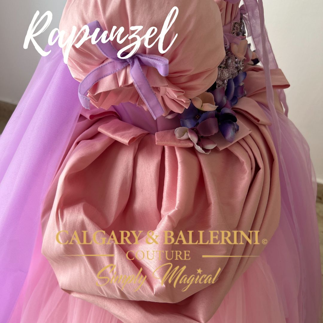 Shop our luxury Rapunzel gown with flowing cape, the ultimate princess birthday party dress for baby girls and toddlers by Calgary and Ballerini.

