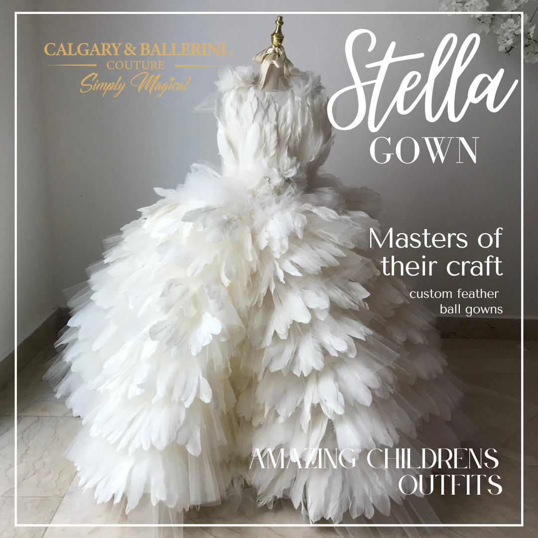 The Stella Gown is one of the most stunning gowns in our boutique and it features off-white feathers layered over a white lined bodice for a truly magnificent look. It's perfect for any special occasion, from a baptism to a flower girl dress to beauty pageants.