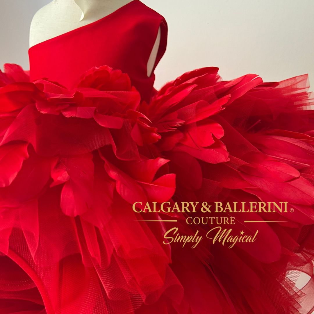 Stunning red birthday dress with feather accents, designed for glamorous celebrations.